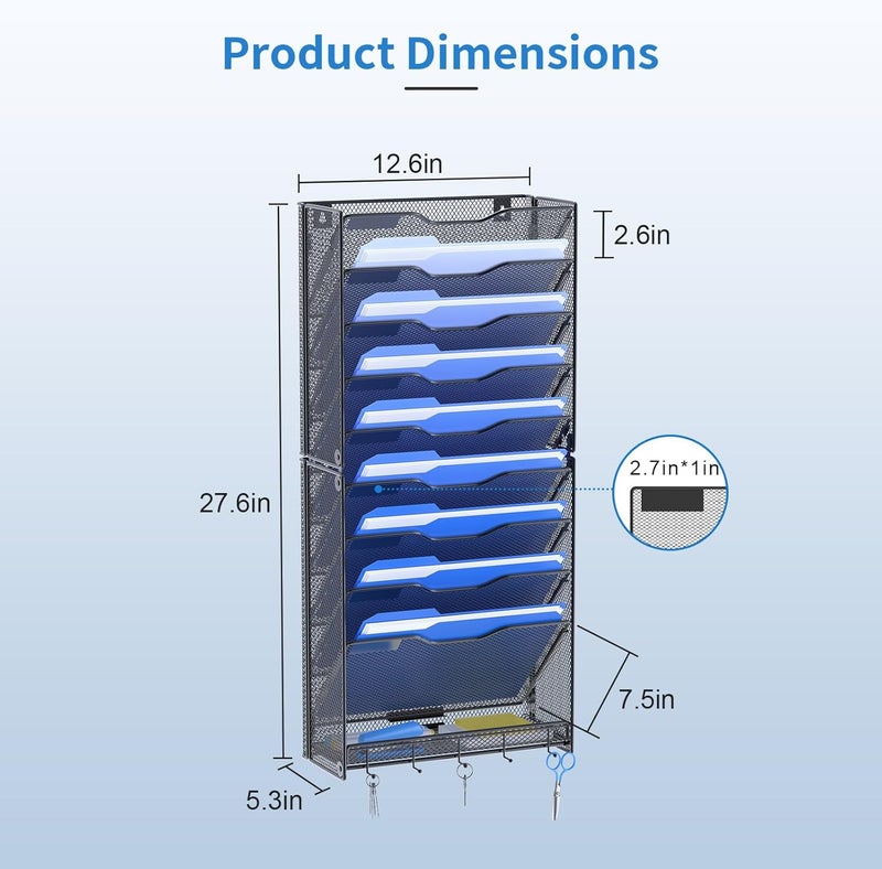OUTWOLF 10 Tier Hanging Wall File Organizer Wall Mount Paper Document Folder Holder with Hooks for Home Office Organization - Image 4